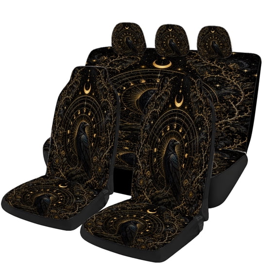 Verolix Black Gold Celestial Raven Universal Car Seat Covers Full Set, Mesh Fabric Automotive Seat Cover Set with Moon Star Pattern, Front Rear Seat Protectors for Car SUV Van Truck