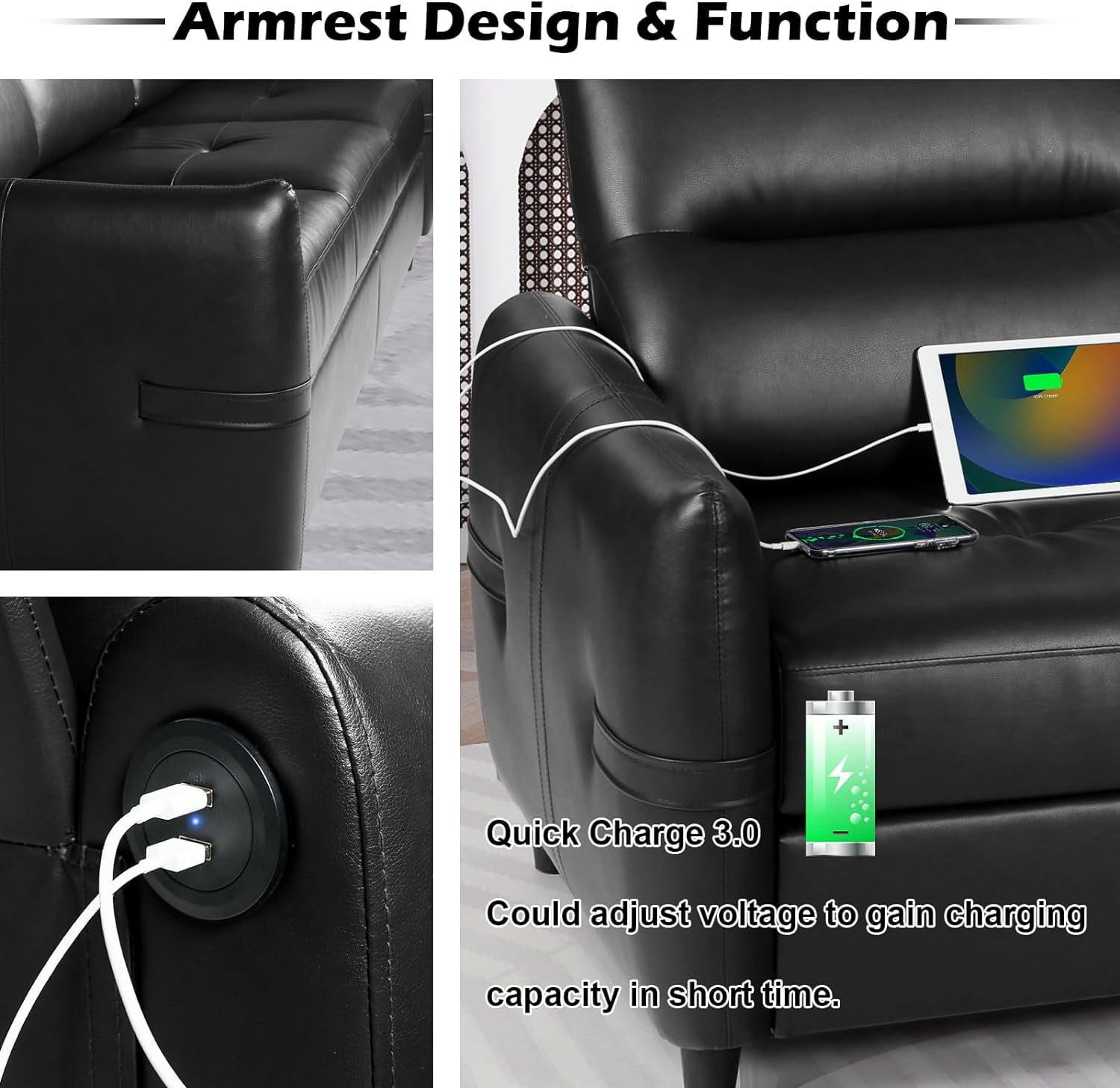 Coewske 85''W 3-Seater Modern Faux Leather Sofa Couch Living Room Office w/ USB Ports Black