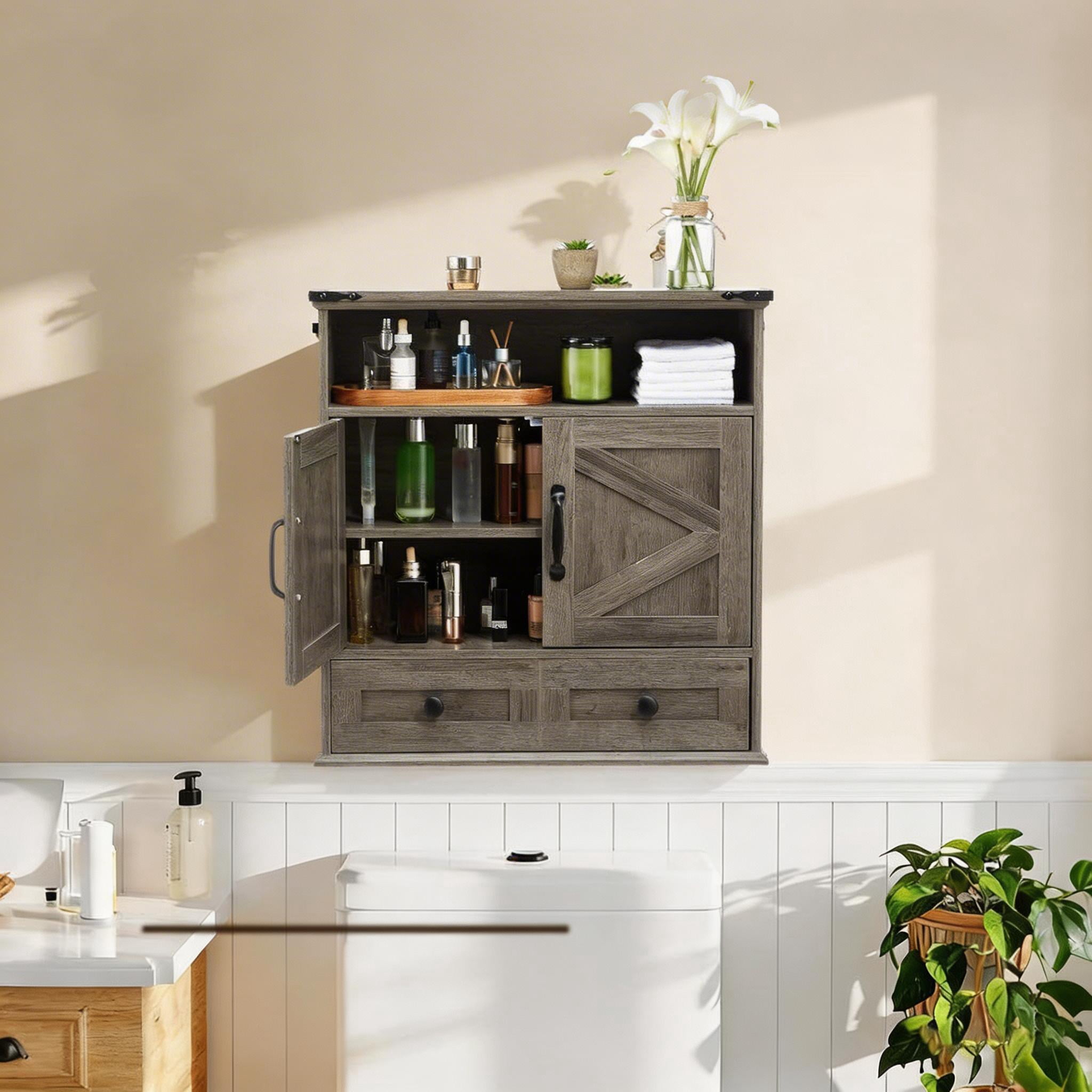 25" Wide Wall-Mounted Bathroom Cabinet with Barn Doors, Over-Toilet Storage with Adjustable Shelf & Drawer, Hanging Cabinet for Bathroom, Kitchen, Laundry, or Entryway