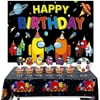 YKD Among Gamer 5x3FT Backdrop Poster Banner&Video Game for Us Table Cover&24 PCS Cake Cupcake Toppers Imposter Disposable Tablecloth Photography Background Kids Party Supplies Decorations Tapestry