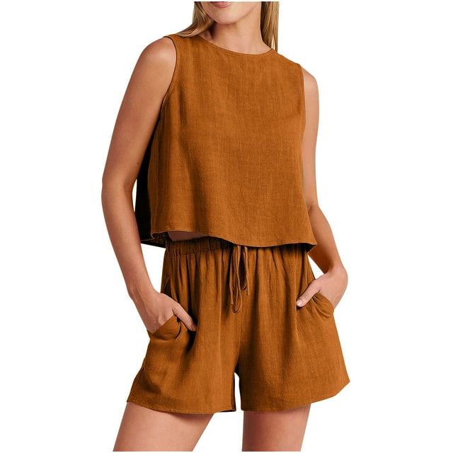 Birdeem Mode Femme Col Rond Blouse Sans Manches Ample Coton Lin Poches Pantalons Ensembles Chemises