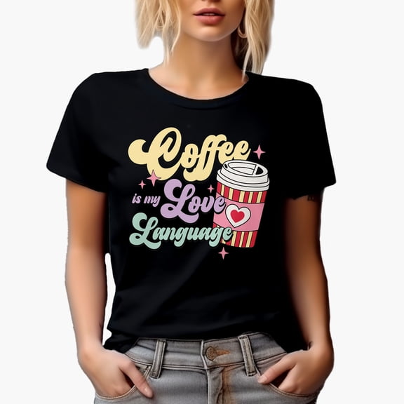 Coffee Is My Love Language, Retro Cup with Heart Art, Black T-Shirt, Small