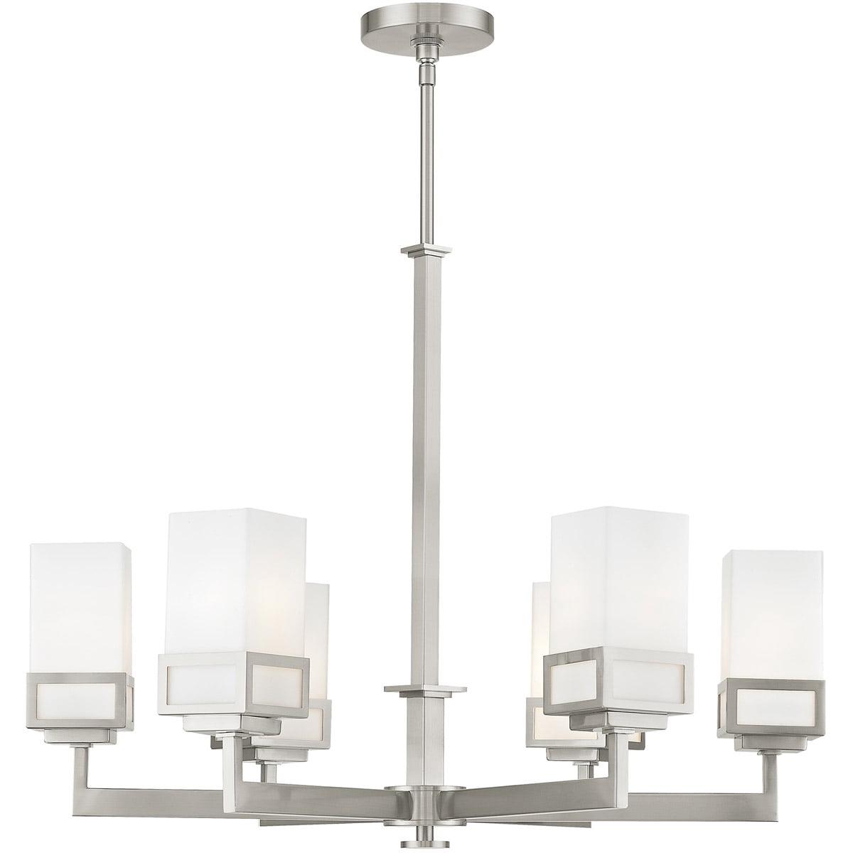 6 Light Brushed Nickel Chandelier with Hand Blown Satin Opal White Glass Shade