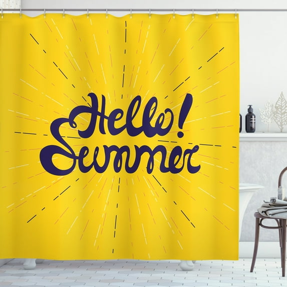 Hello Summer Shower Curtain, Pattern of Typographic Funky Calligraphy Excitement Fun Holiday Season, Fabric Bathroom Set with Hooks, 69W X 75L Inches Long, Mustard and Indigo, by Ambesonne