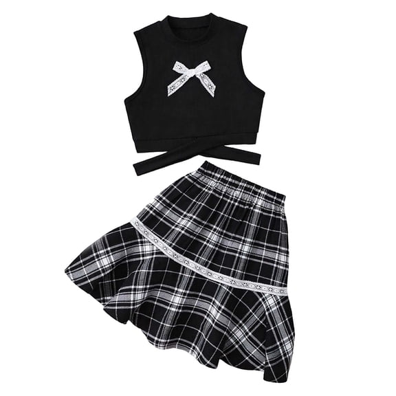 Girls Summer Outfits Sleeveless Bow Top with Plaid Letter Print Skirt Two Piece Fashion Clothing Set 8-12 Years Old Black 10-11 Years