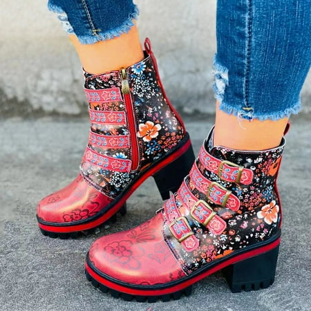 

Women s Printed Belt Buckle Thick Heel Ankle Boots Bare Boots Shoes