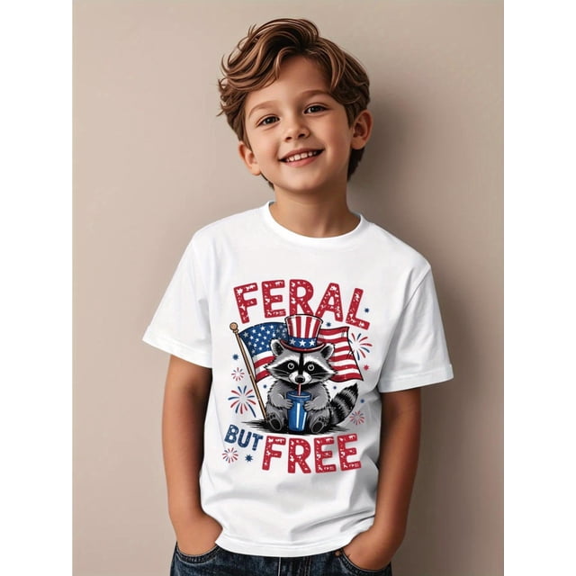 Camiseta divertida con diseño de mapache, bandera estadounidense del 4 de julio, patriótica pero gratuita, divertida y estética para niños. Camisetas populares para niños. Camisetas de tendencia par