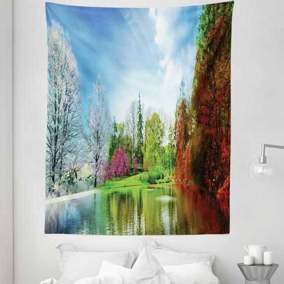 Trees Tapestry, Forest of 4 Seasons Winter Spring Summer and Autumn Nature Reflections, Fabric Wall Hanging Decor for Bedroom Living Room Dorm, 5 Sizes, Lime Green and Multicolor, by Ambesonne