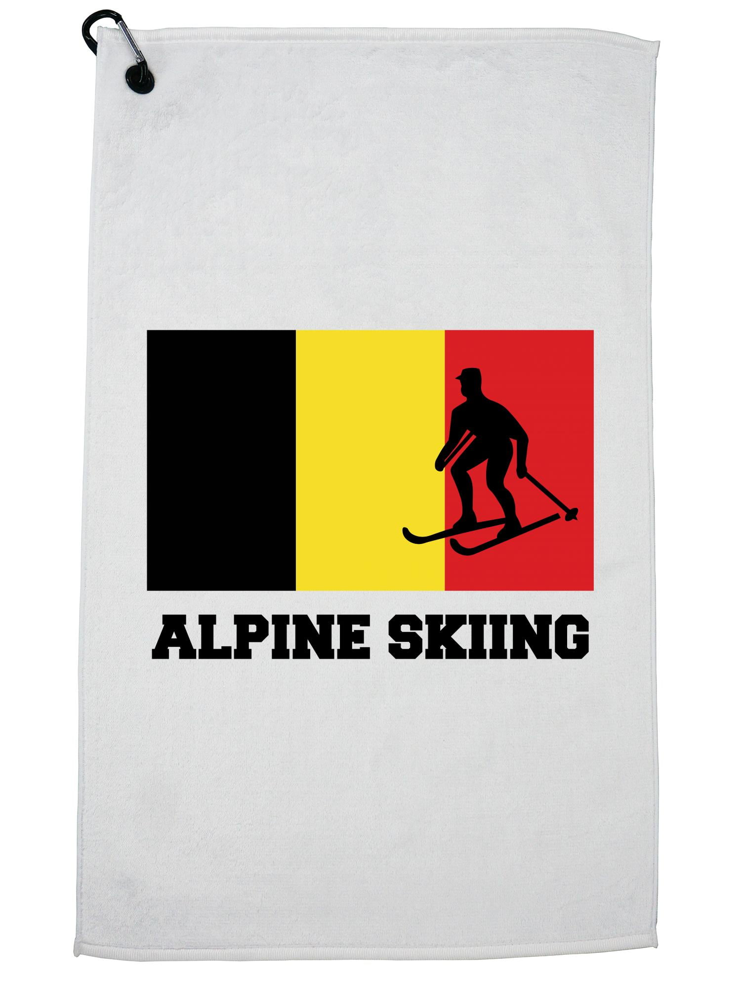 Belgium Olympic Alpine Skiing Flag Silhouette Golf Towel with Carabiner Clip by Hollywood Thread