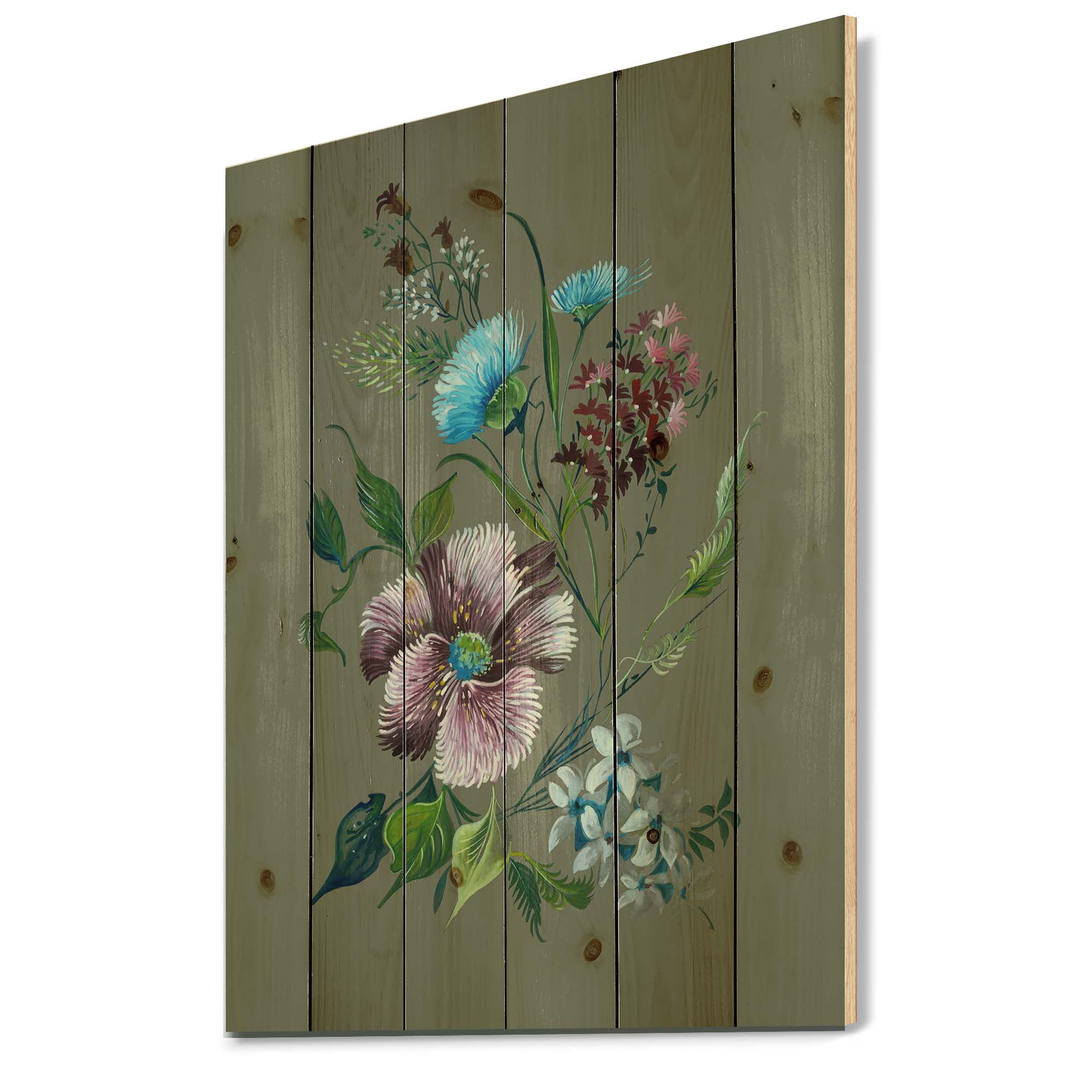 Designart 'Turquoise and Purple Spring Flowers' Traditional Print on Natural Pine Wood