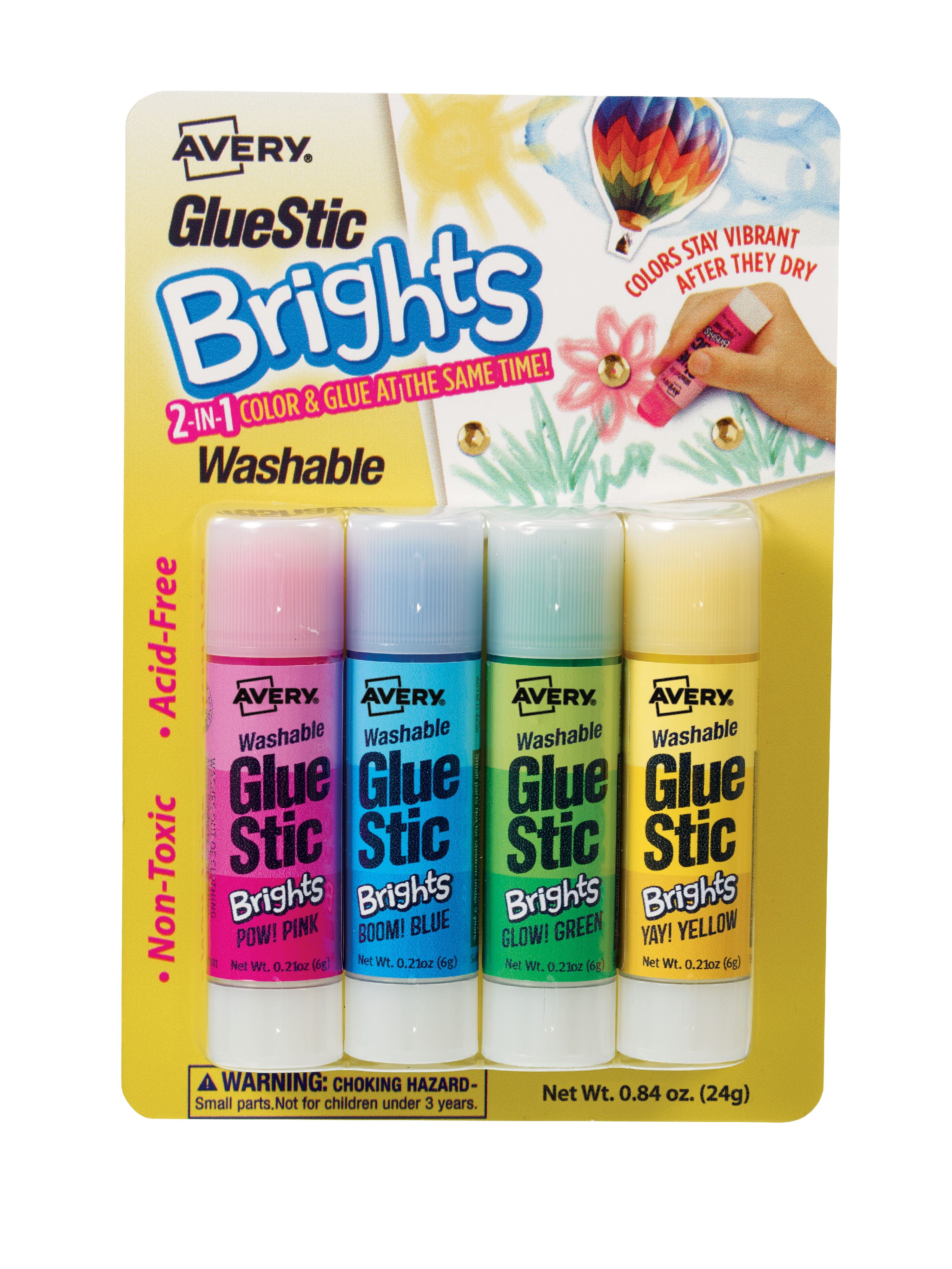 Avery Glue Stic Brights, Assorted Colors, Washable, Nontoxic, 0.21 oz., 4 Sticks (00102)