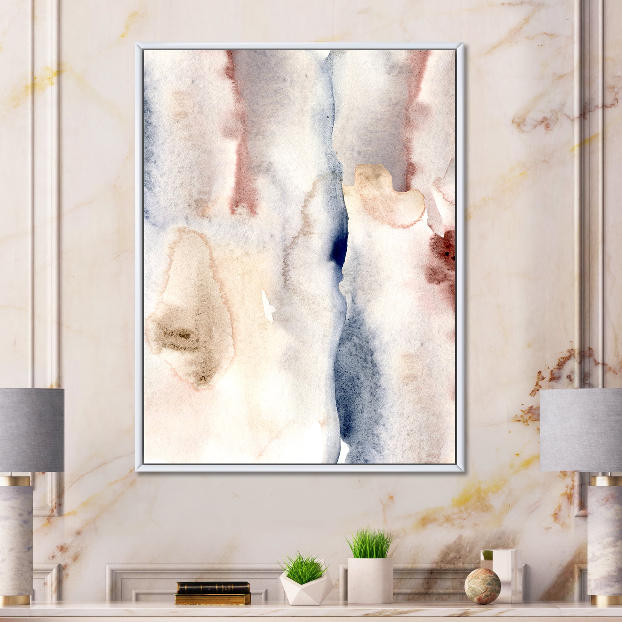 Pastel Abstract With Pink Dark Blue and Gray Spots 30 in x 40 in Framed Painting Canvas Art Print, by Designart