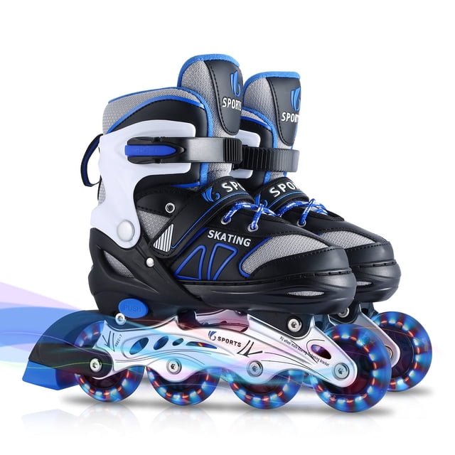 Patins à Roues Alignées pour Enfants Filles Garçons Débutants, 4 Tailles Réglables avec Roues Lumineuses pour Enfants. (Bleu, Petit(12J-2))