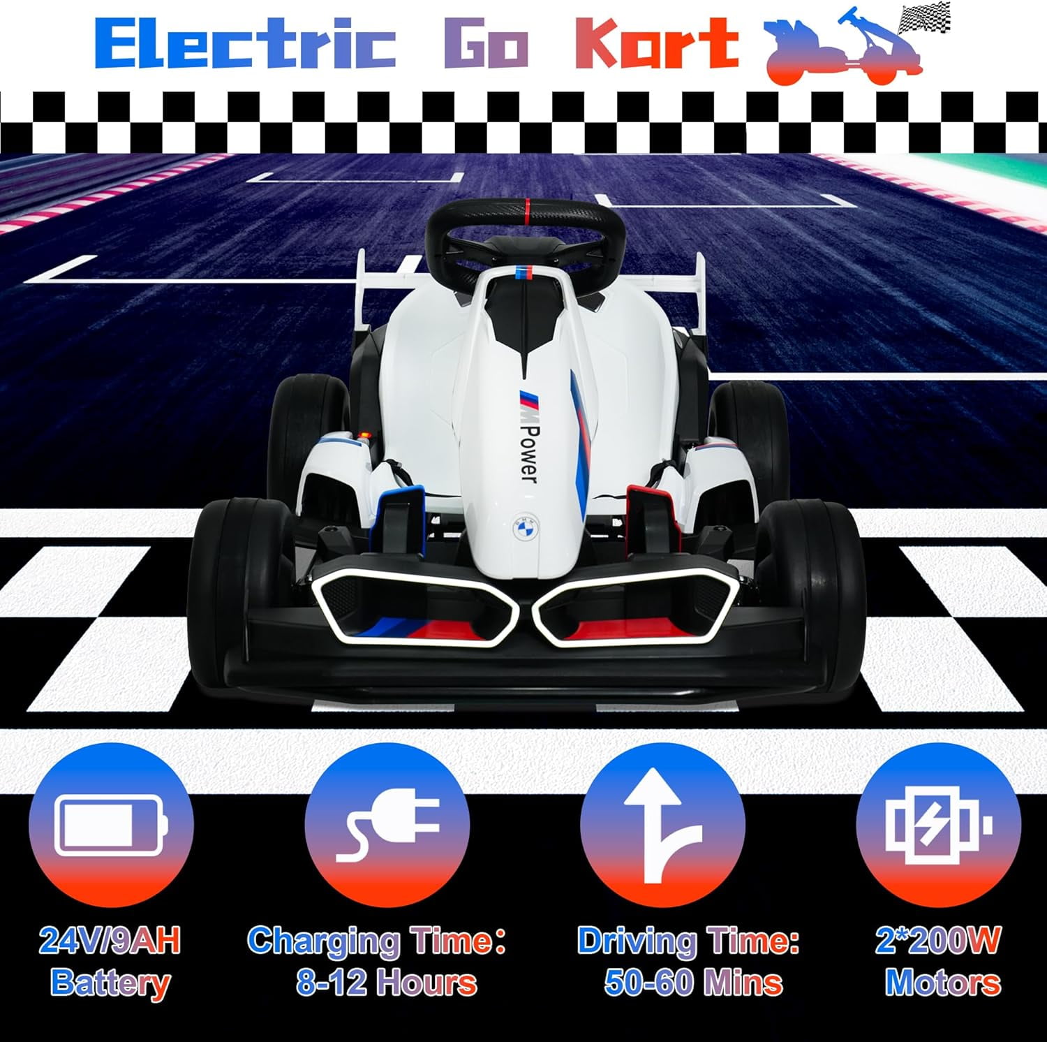Akaber Electric Go Kart with Adjustable Seat, 24V 9AH Drift Kart with 400W Motors, Crazy Go Cart for Kids Ages 6-12, Licensed BMW, LED Lights, Drift Mode and 2 Speed (White)