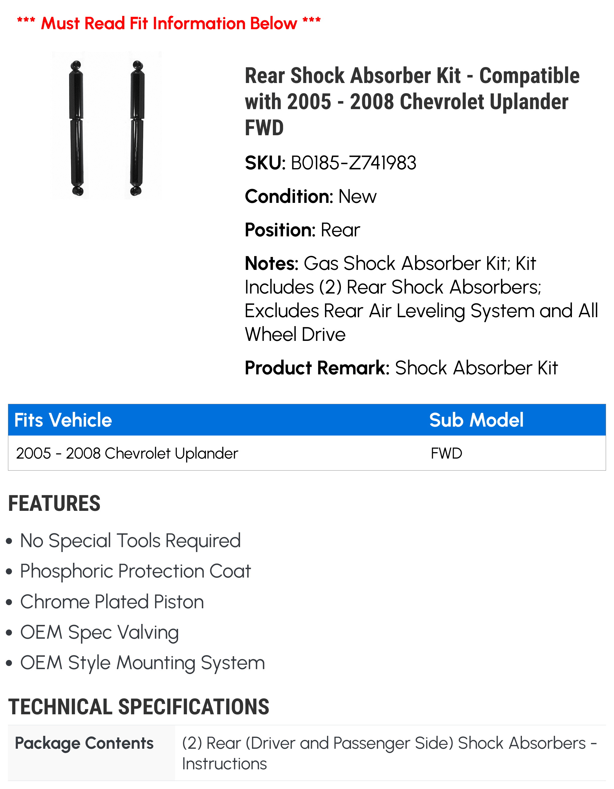 Pair Of Rear Shock Absorbers For 2005-2008 Chevrolet Uplander - Gas Charged, Direct Fit