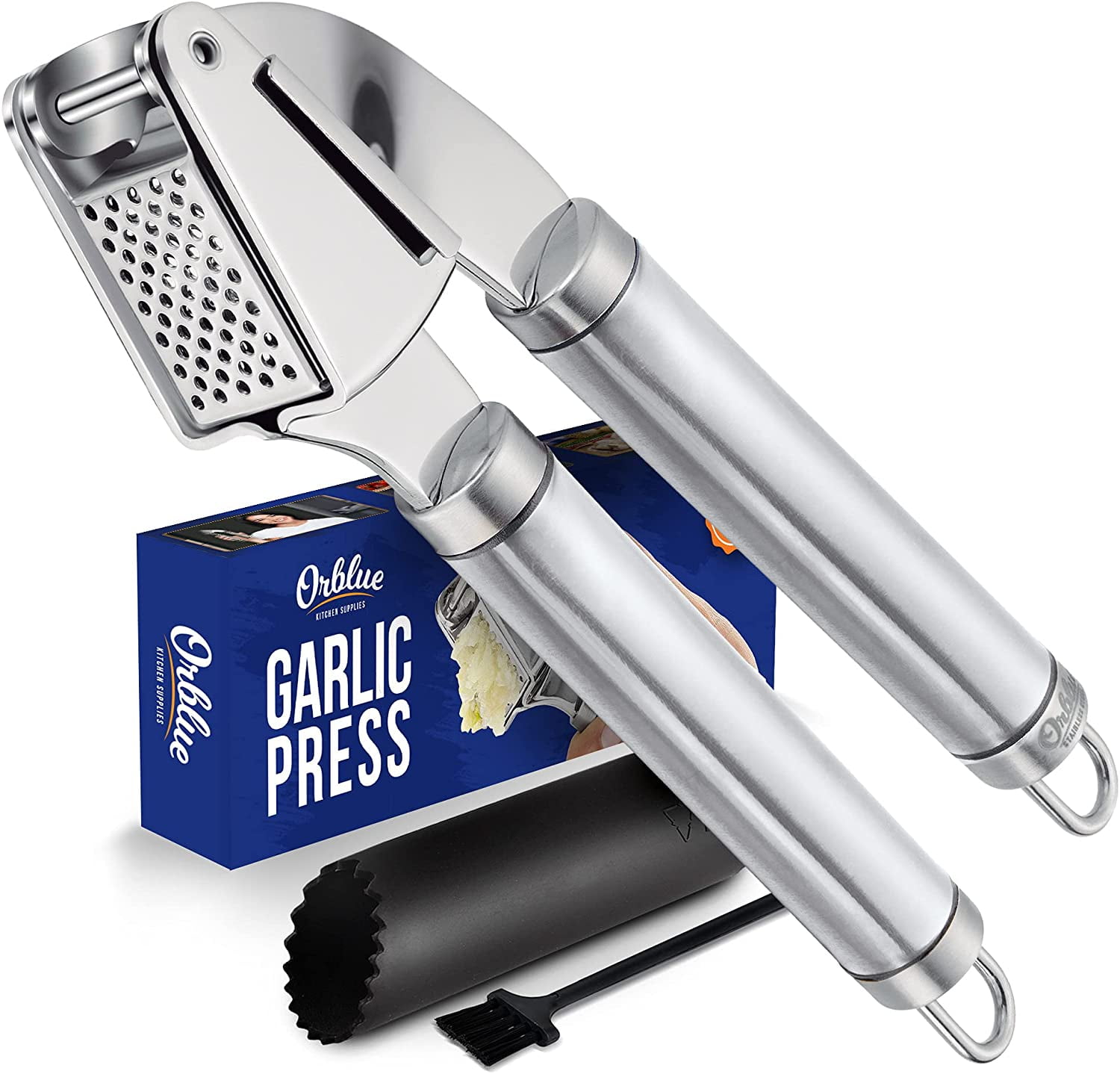 Orblue Stainless Steel Garlic Press, Mincer and Crusher with Garlic Rocker and Peeler Set