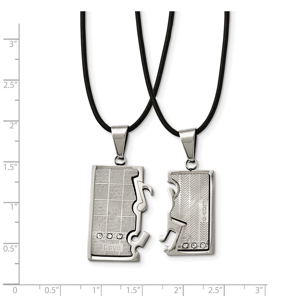 Auriga Fine Jewelry Stainless Steel Brushed and with CZ Love and Music Pendants on Leather Cord Necklace Set for Women 20"