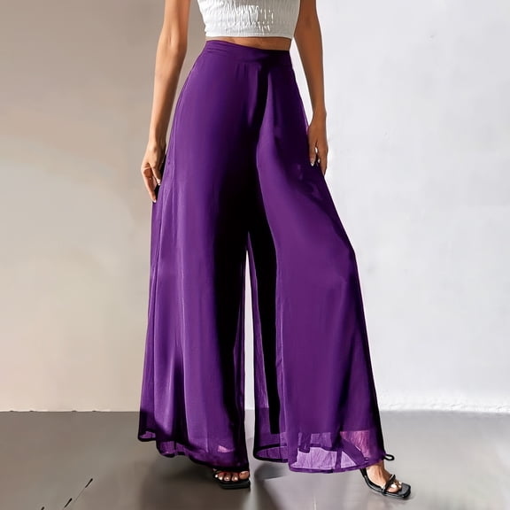 Purple Pants for Women's Chiffon Wide Leg Trousers High Elastic Waist Casual Business Trousers