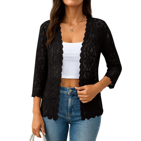 Dasayo Lace Coats for Women Black Open Front Dressy Summer Cardigan Light 3/4 Sleeve Hollow out Coat Womens Jackets L