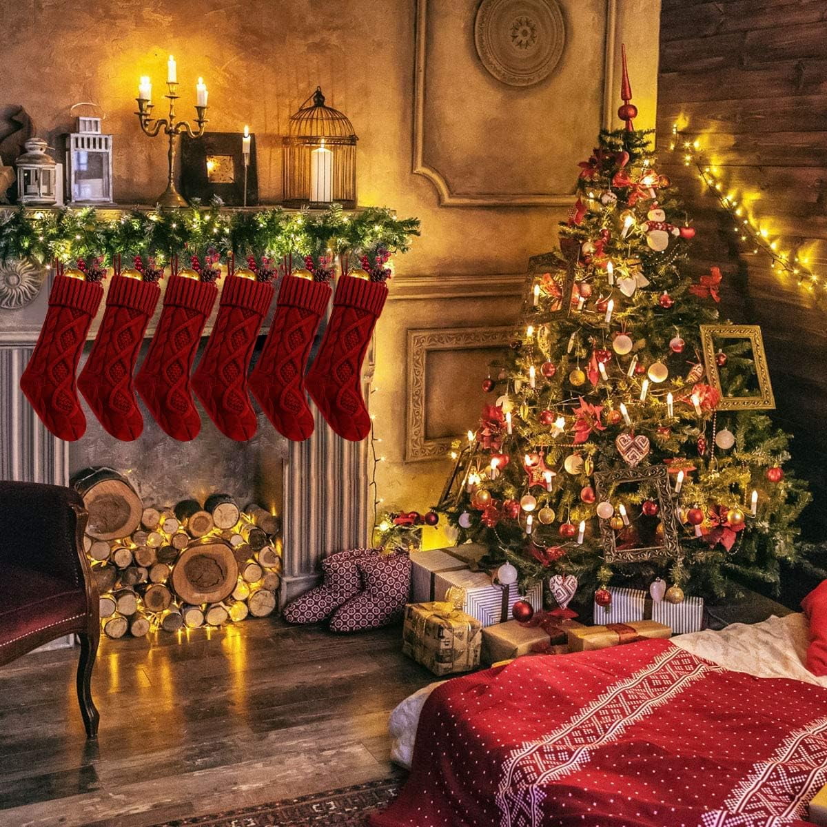 6 Pcs Christmas Stockings, 18 Inch Large Size Cable Knitted Stocking Gifts & Decorations for Family Holiday Xmas Party