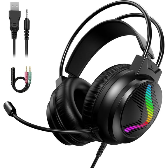 Gaming Headset for PC, PS5, PS4, and Xbox with 7.1 Surround Sound; Gaming Headphones with Noise Cancellation Mic, RGB Lighting, and Memory Foam Ear Cups for Xbox One, Switch, and Mac