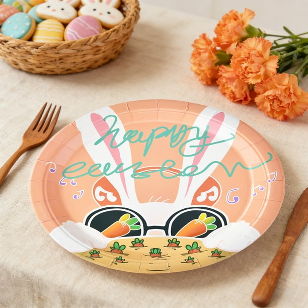 Platos de papel con forma de conejito y huevo de Pascua | Platos desechables para fiesta (10 unidades) | Vajilla navideña de 23 cm para decoraciones y celebraciones de Pascua | Diseños de dibujos