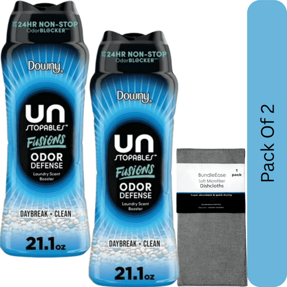 Downy Unstopables Fusions Odor Defense Scent Booster Beads, Daybreak & Clean Fragrance, 21.1 oz with Microfiber Solid Color Towel by BundleEase