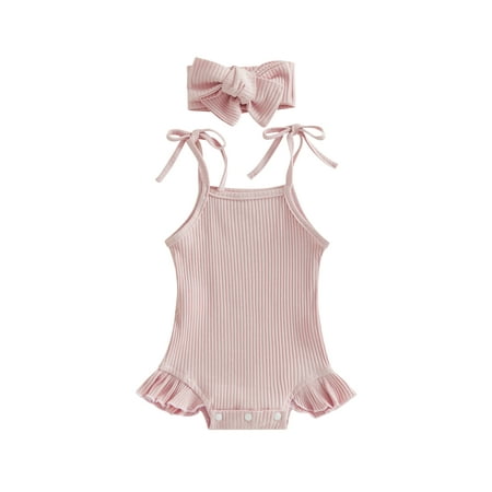 

Tregren Infant Baby Girl Summer Clothes Solid Sleeveless Sling Rib Bodysuit Romper Ruffle One Piece Jumpsuit with Headband