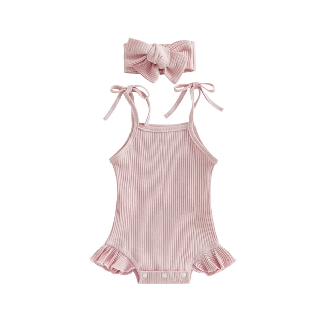 Fortune Infant Girls Ribbed Romper Solid Color Sleeveless Tie-Up Ruffles Bodysuits