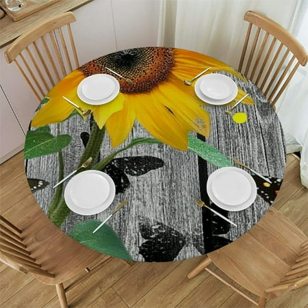 

PALNKART Sunflower Butterflies Round Tablecloth Stain-Resistant Washable 54 -58