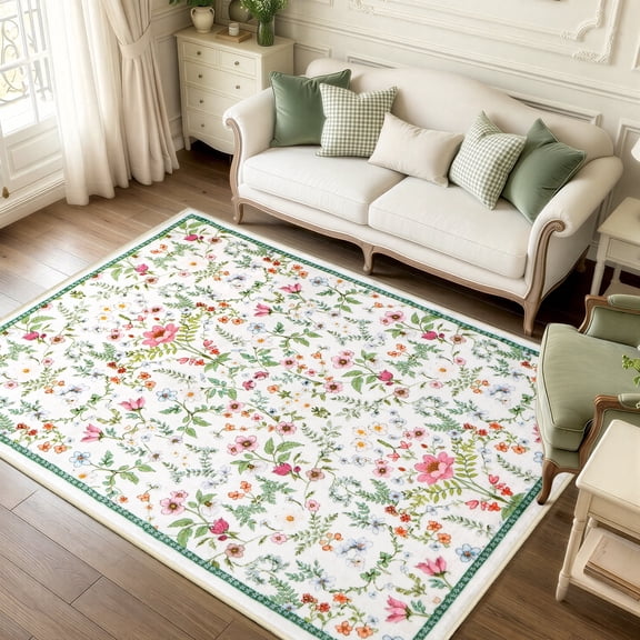 WANLISELL 5'x7' Area Rugs for Living Room, Boho Floral Print Soft Washable Rug, Non-Slip Low Pile Indoor Carpet for Bedroom, Office, Dining Room, Home Decor, Green
