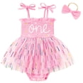 thumbnail image 4 of ZEHJUHAN Baby Girl's Birthday Sleeveless Printed Mesh Tutu Romper with Bow Headband, Letter & Ruffle Detail Pink1，12-18M, 4 of 10