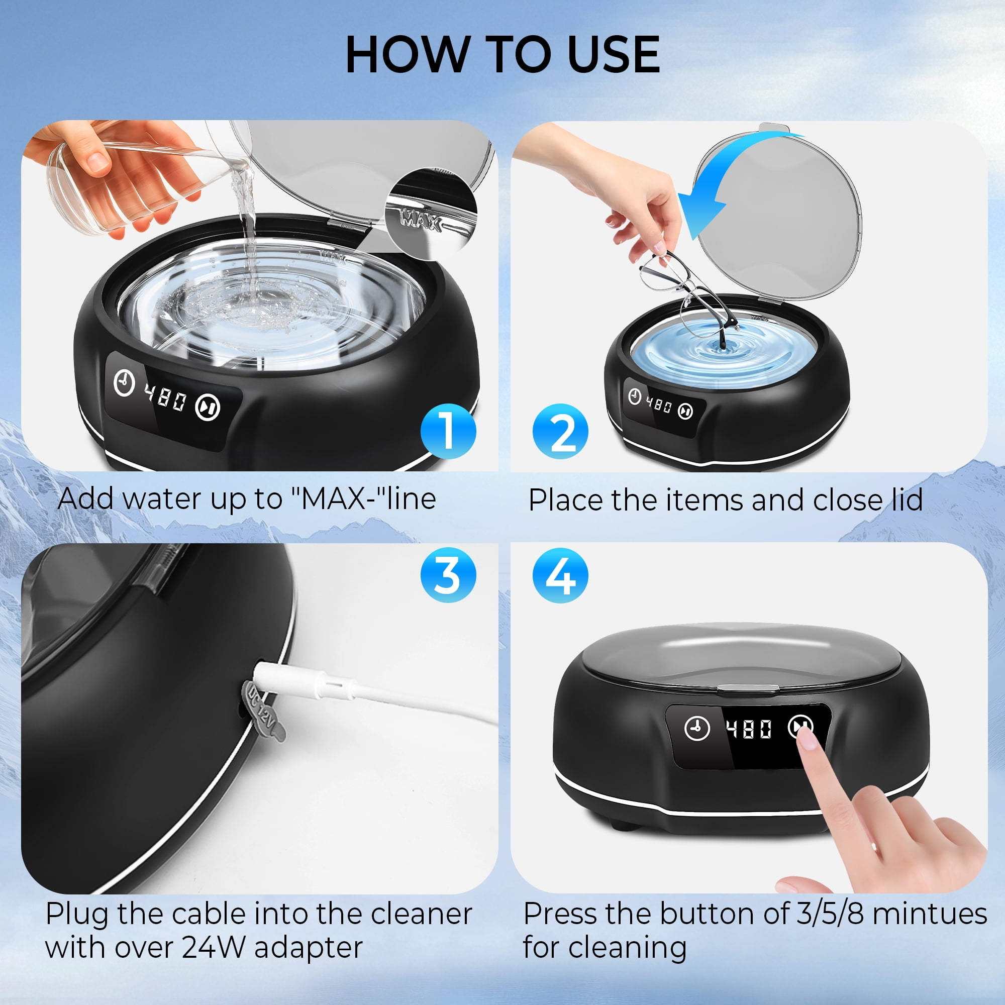 Bokyan Ultrasonic Jewelry Cleaner, 50 kHz Retainers Cleaner Machine 20 Oz Capacity with 304 Stainless Steel for Necklaces, Eyeglasses, Rings, Dentures, Black