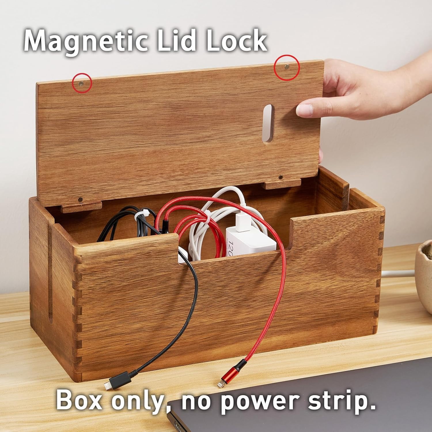 Acacia Wood Cable Management Box, Wooden Cord Hider & Organizer for Power Strip, Electrical Hiding, TV Wires, Desk & Floor Cables
