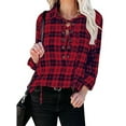 thumbnail image 3 of One opening Women Juniors Casual Long Sleeve Loose Shirt, Lapel Plaid Placket Front Blouse, 3 of 6