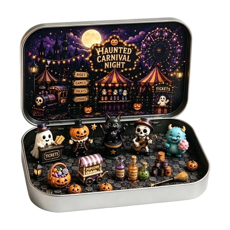 Haunted Carnival Tin Spooky Carnival Night Mini Scene Ornament Halloween Tabletop Decor Set Complete Figurine Accessory Kit For Indoor Shelf Mantel And Party Decorations