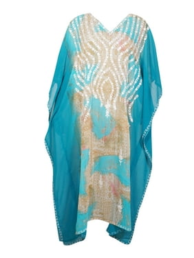 Mogul Women Kaftan Maxi Dress Moroccan Caftan Very Fancy Kaftans Dress Georgette Long Gown, BLue White Hand Embroidered Bohemian Caftan 4X