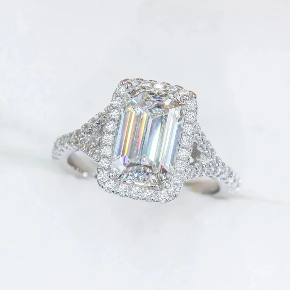 Gorgeous Emerald-Cut Diamond Wedding Ring, 14K White Gold Plated, Women's Halo Eangagement Ring, 2.2 CT Simulated Diamond, Promise Anniversary Ring