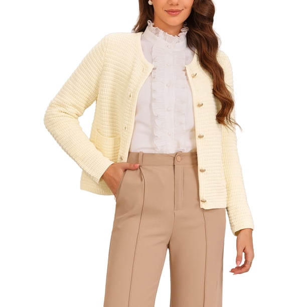Suéteres de cárdigan para mujeres con botones, de manga larga, cuello redondo, bolsillos, suéter de cárdigan de punto color crema L