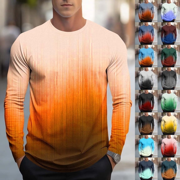 Tee Shirts Mens Fashion Casual Men Fashion Print Sports Long Sleeves Round-Neck Blouses Shirts Orange L