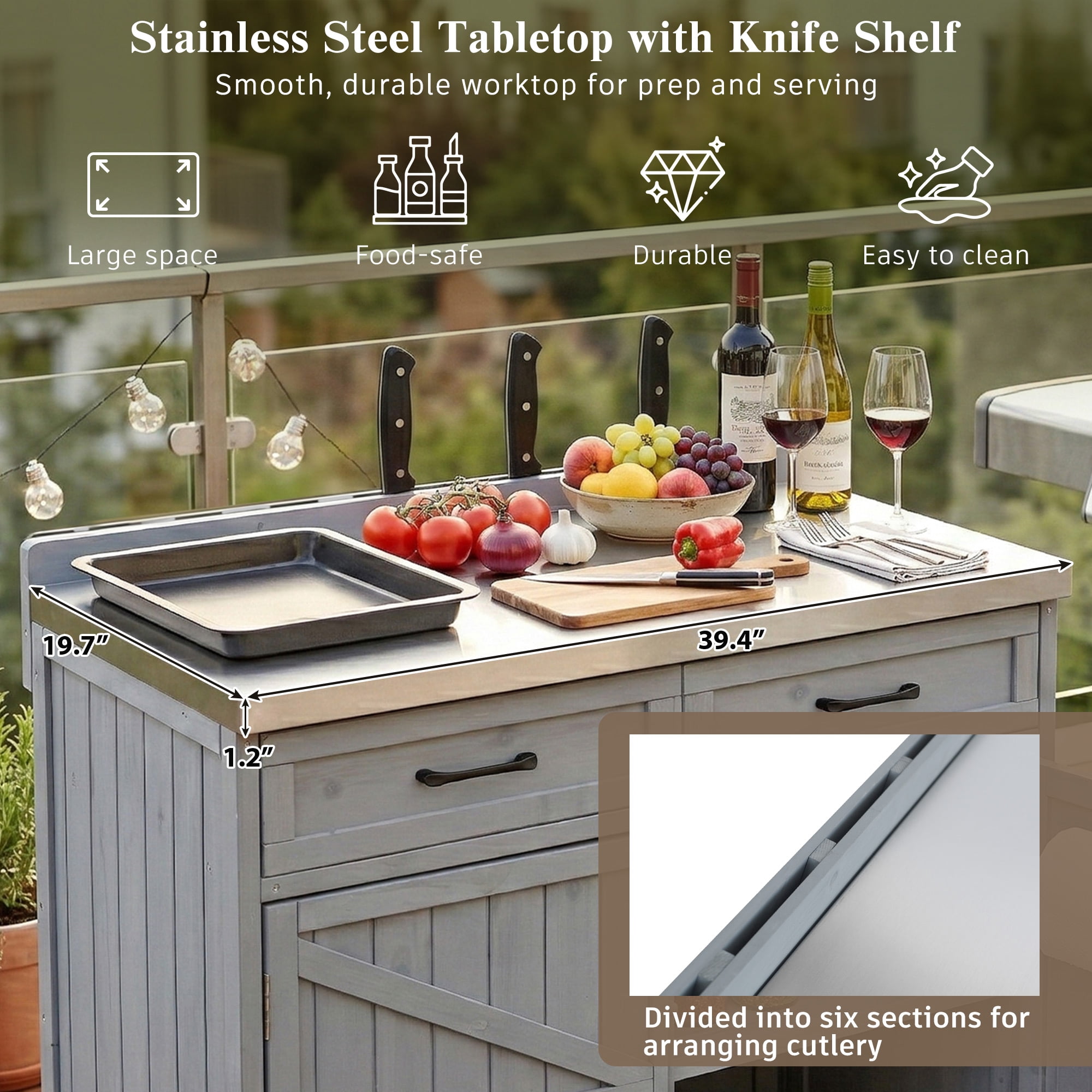 Mintazer 39.4" Outdoor Kitchen Island with Stainless Table Top & Storage Racks, Storage Kitchen Cabinet with Drawer & Adjustable Shelves, Gray