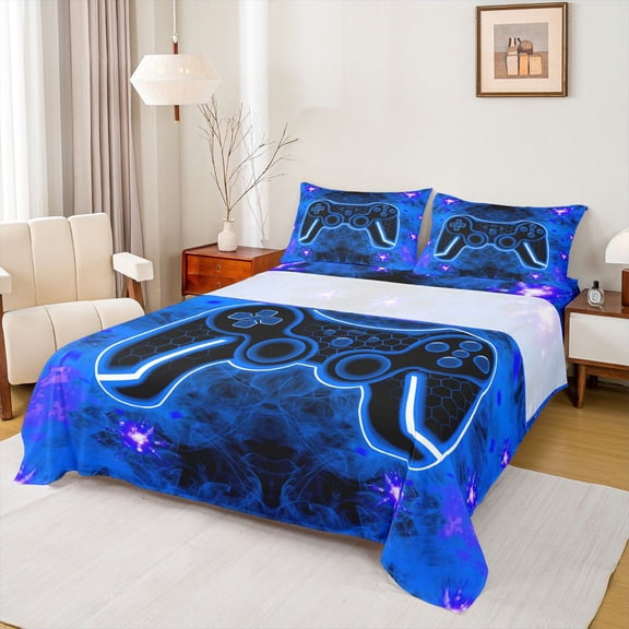 Castle Fairy Children Boys Blue Video Game Twin Sheet Sets,Geometric Honeycomb Bedding