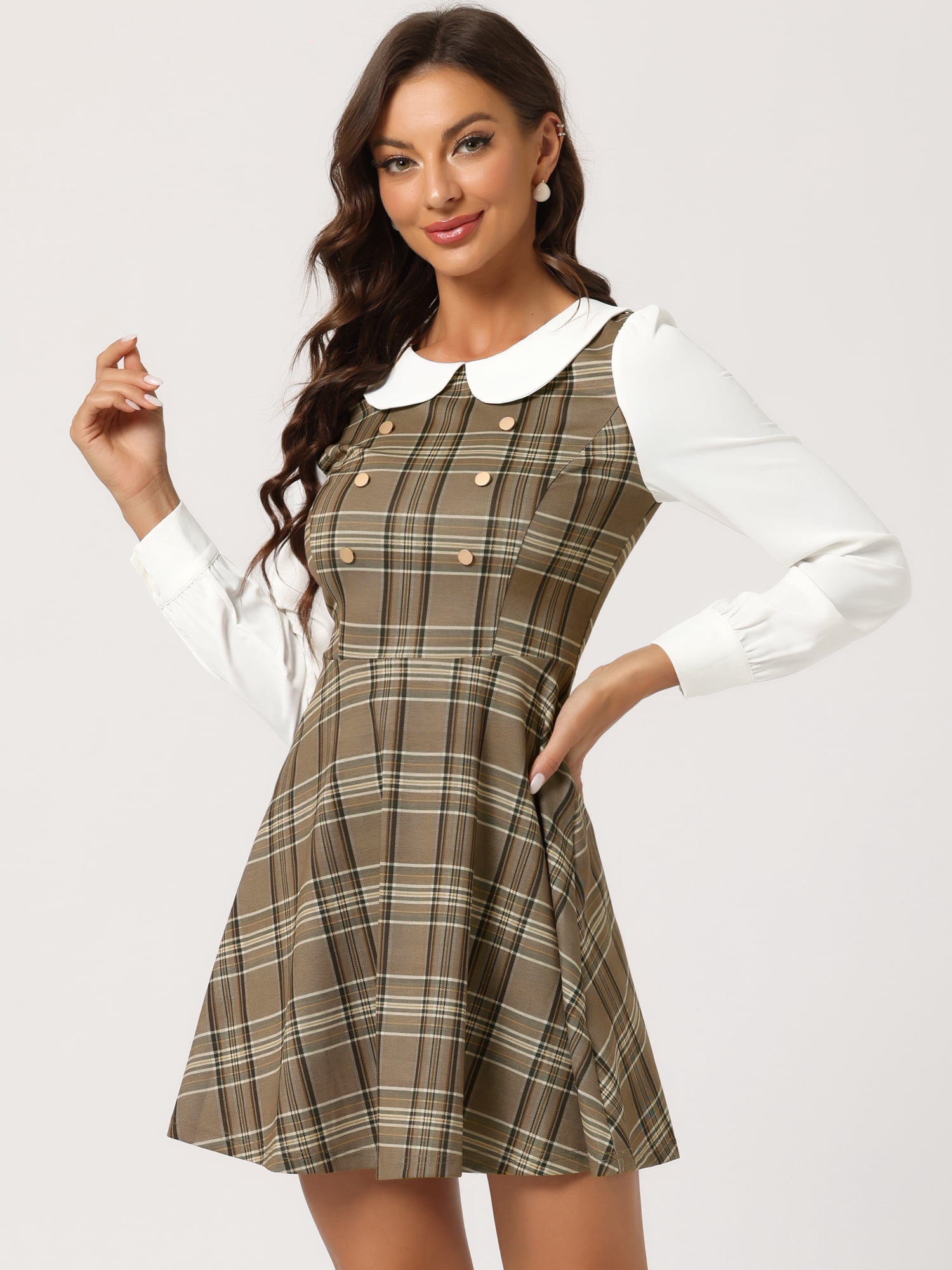 DARING DIVA Women's Plaid Peter Pan Collar Mini A-Line Dress XS Brown