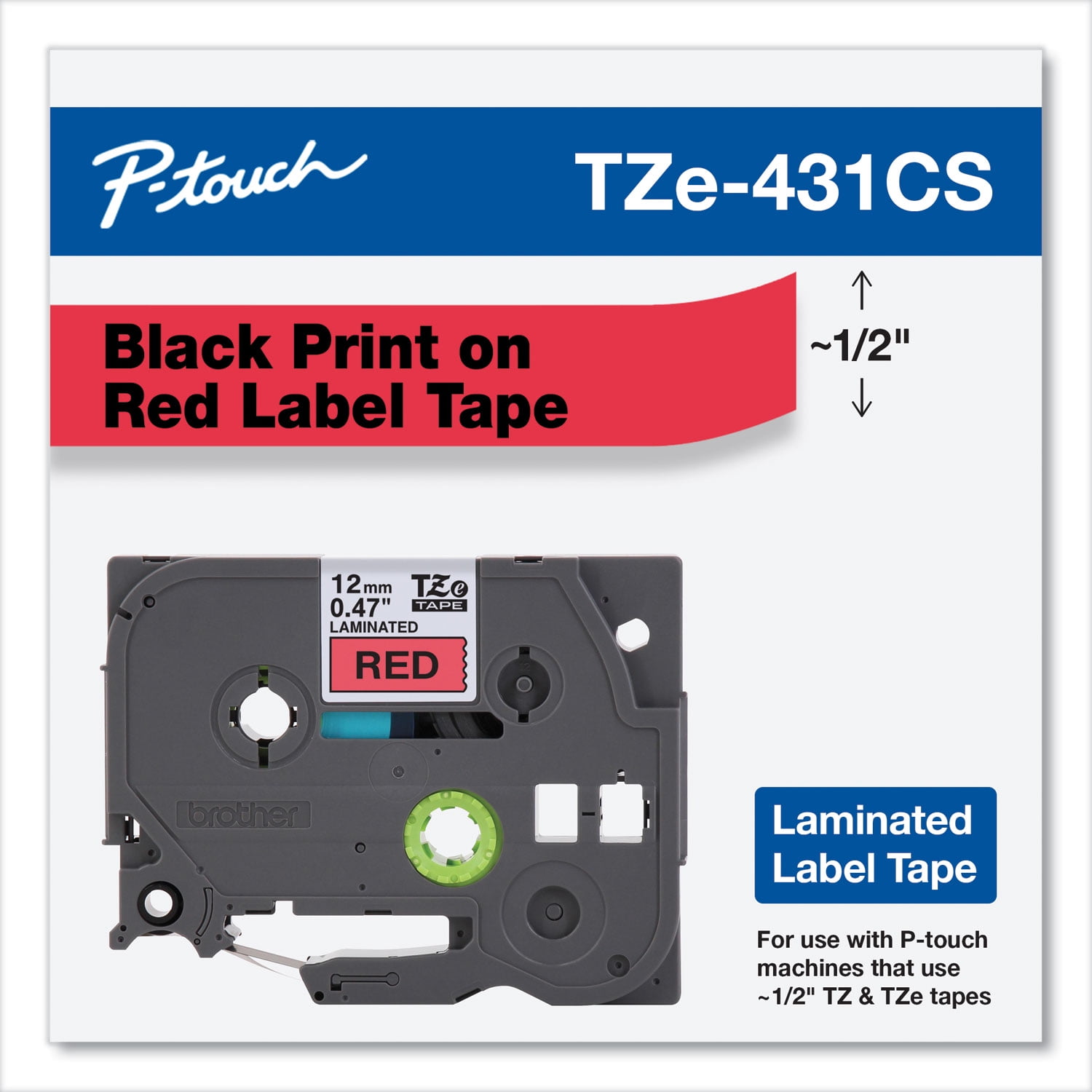 Brother Genuine P-touch, TZe-431CS, 0.47” x 26.2’, Black on Red Laminated Label Maker Tape