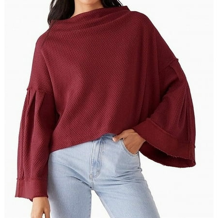 Free People Women's Sweater Burgundy Large Bunny Bell-Sleeve Red L