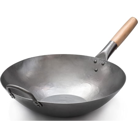 14-Inch Flat Bottom Carbon Steel Wok with Wooden and Steel Helper Handle