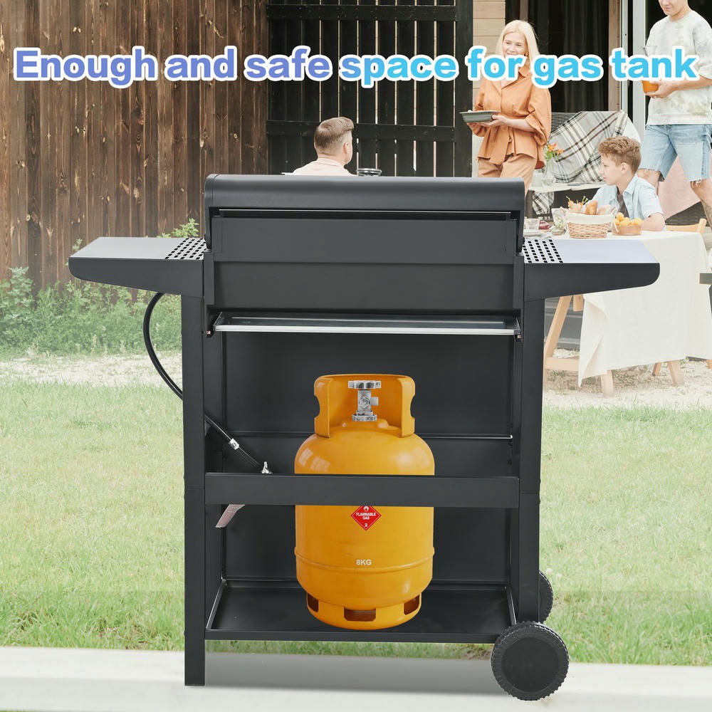 Kepooman Grill with Two Shelves, Lid, Wheels and Bottle Opener, Outdoor BBQ Grill with 4 Burner and Stainless Steel 34,000 BTU for Outdoor, Black