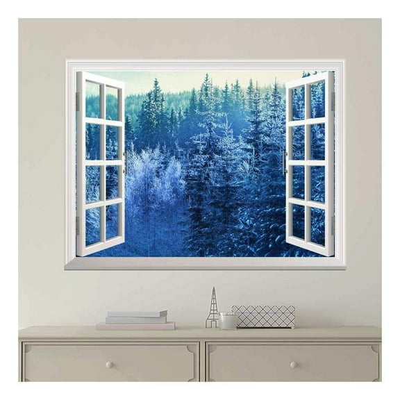 wall26 - Modern White Window Looking Out Into a Blue Snowed Pine Tree Forest - Wall Mural, Removable Sticker, Home Decor - 36x48 inches