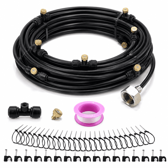 26FT Outdoor Mister System with 15 T-Joints & Hose Cutter,Cooling Mist for Patio,Backyard,Trampoline,Deck & Porch Black