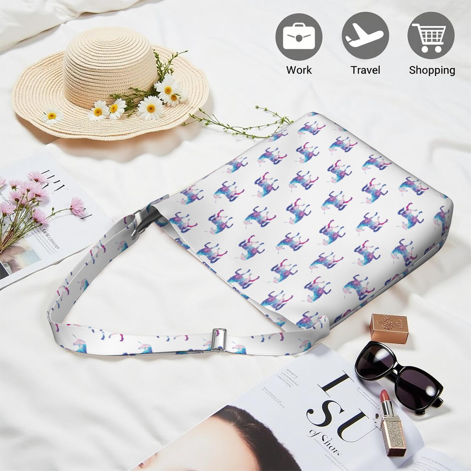 Cute Unicorn Design Adjustable Strap Crossbody Bag - Multi-Pocket Spacious Travel Sling Bag for Professionals
